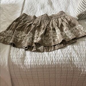 Aerie Tan Skater Skirt with White Embroidery